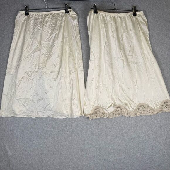 Vintage 80s Lot of 2 Vanity Fair Nylon Womens Large Satin Midi Skirts Beige Slip - Picture 1 of 12